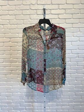RAGA Floral Patchwork Button-Up Blouse in Teal & Burgundy